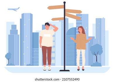 People choose right road, future direction or making work or life decision vector illustration. Cartoon man and woman standing on crossroad near signpost guidance in urban landscape with skyscrapers
