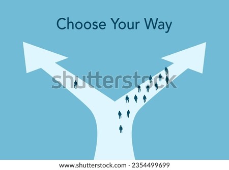 People choose their way and solution conceptual in flat design. One people versus many people concept.