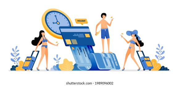 People choose time and date to buy summer vacation tickets with mobile apps. Payment of holiday bills by credit card. Illustration can be used for landing page, banner, website, web, poster, brochure