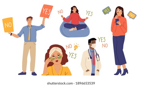 People choose yes or no. Diverse characters, doctor manager beauty woman thinking. Accept or reject, consent or refusal, difficult choice and decision making vector concept