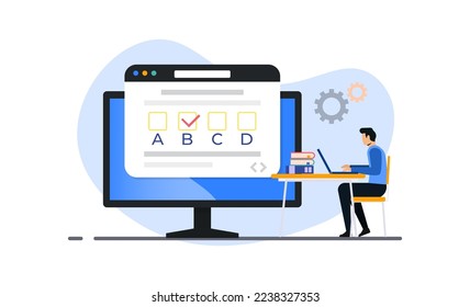 People choosing answer in questionnaire form with checklist. Concept of online exam on internet. Questionnaire, web learning, electronic voting