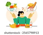 People Choosing Between Healthy and Unhealthy Food Vector Illustration Featuring a Comparison of Fast Food and Balanced Menus for a Healthy Lifestyle