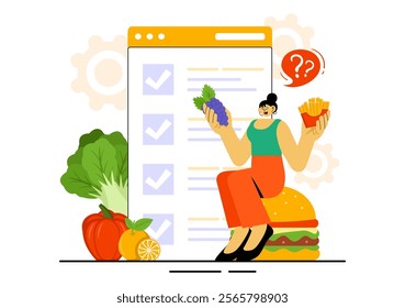 People Choosing Between Healthy and Unhealthy Food Vector Illustration Featuring a Comparison of Fast Food and Balanced Menus for a Healthy Lifestyle