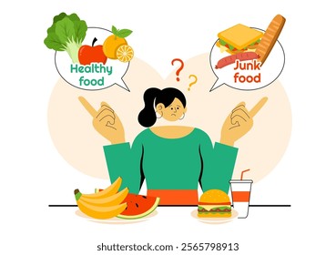 People Choosing Between Healthy and Unhealthy Food Vector Illustration Featuring a Comparison of Fast Food and Balanced Menus for a Healthy Lifestyle