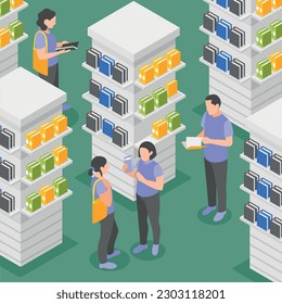 People choosing books at book store isometric background vector illustration