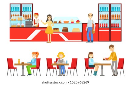 People Choosing and Buying Desserts at Confectionery, Male Seller Serving Customers at Bakery Shop or Cafe, Men and Women Sitting at Tables and Eating Vector Illustration