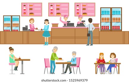 People Choosing and Buying Desserts at Confectionery, Male Seller Serving Customers at Bakery Shop or Cafe Vector Illustration