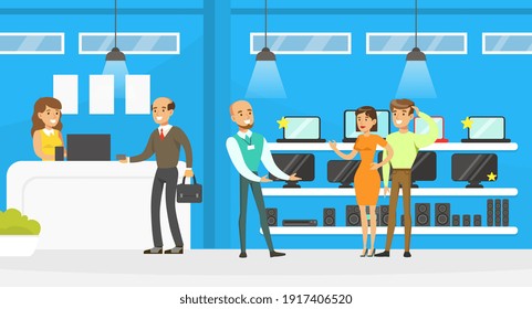 People Choosing and Buying Electronics and Household Appliances at Shopping Mall, Shop Assistants Helping Them, Modern Electronics Store or Shop Interior Vector Illustration