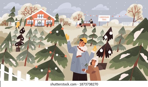 People choosing and buying firtrees at local seasonal Christmas tree farm in winter. Family at eco-friendly outdoor Xmas market or plantation. Colorful flat textured vector illustration