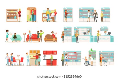 People choosing and buying furniture in shop, shoppers buying drugs, vitamins and medications in pharmacy vector Illustrations on a white background