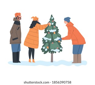 People Choosing Christmas Tree Preparing for Holiday Celebration Cartoon Style Vector Illustration