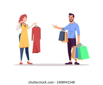 People choosing clothes flat vector illustration. Family couple isolated cartoon characters on white background. Fashion wardrobe shopping together. Presents, bags, purchases. Party, celebration