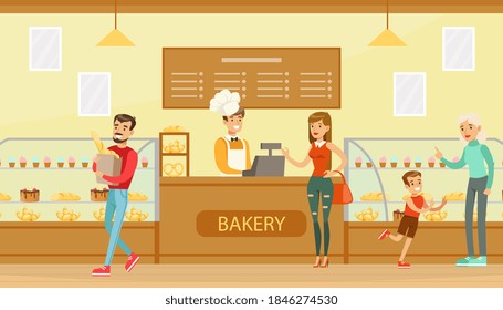 People Choosing Desserts and Buying Coffee at Bakery Shop, Male Seller Serving Customers at Confectionery Vector Illustration