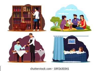 People choosing and drinking wine set. Woman choosing bottle in shop with app, friends on picnic, man in restaurant, girl in bath with glass. Eating and drinking vector illustration.