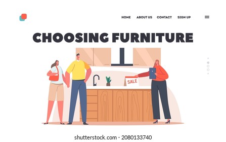 People Choosing Furniture in Mall. Landing Page Template. Family Buying Household Goods for Home Furnishing Concept. Male and Female Characters Purchase Furnishing. Cartoon People Vector Illustration