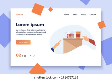 People choosing hot drinks. Customers hands pointing at mug of tea or cup of takeaway coffee flat vector illustration. Hot drink, coffee shop concept for banner, website design or landing web page