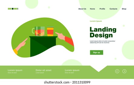 People choosing hot drinks. Customers hands pointing at mug of tea or cup of takeaway coffee flat vector illustration. Hot drink, coffee shop concept for banner, website design or landing web page