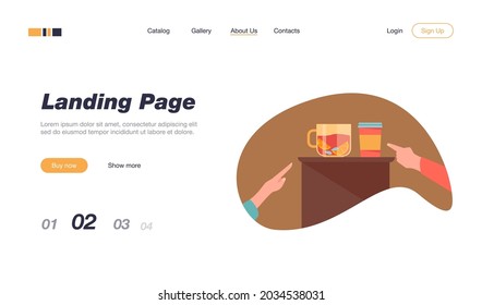 People choosing hot drinks. Customers hands pointing at mug of tea or cup of takeaway coffee flat vector illustration. Hot drink, coffee shop concept for banner, website design or landing web page
