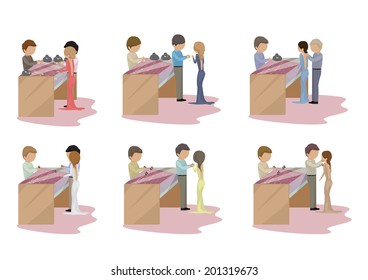 People Choosing Jewelry In The Shop Set - Isolated On White Background - Vector Illustration, Graphic Design Editable For Your Design.