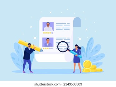 People Choosing New Employee for Job. Hr Managers Searching Candidate. Recruitment, Hiring Process. Businessman Selects Best Resume. Human Resource Management. Vector design