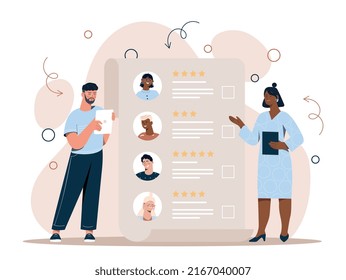 People choosing new worker. Man and woman evaluate candidates for vacancy. Characters work in office, company staff expansion, HR department. Rating and ranking. Cartoon flat vector illustration