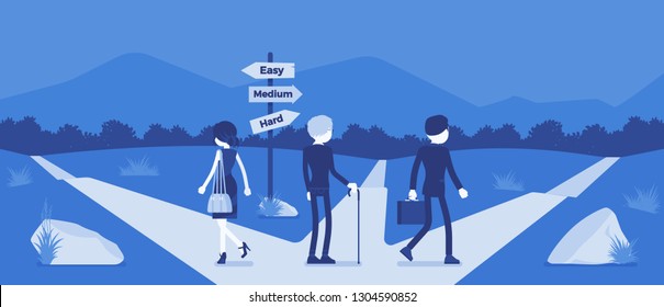 People choosing a path, way, life direction. Three people pick out alternatives between easy, medium, hard road pointers, management and guidance metaphor. Vector illustration, faceless characters