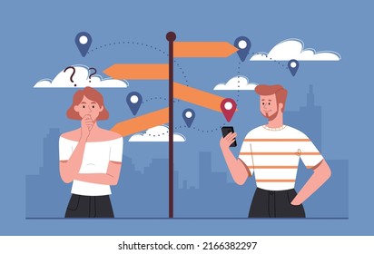 People choosing pathway. Man with smartphone and woman next to signs and tablets. Navigation and GPS, tourists get lost and look at map, looking for direction. Cartoon flat vector illustration