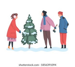People Choosing Pine Tree for Christmas Holidays, Merry Xmas and New Year Concept Cartoon Style Vector Illustration