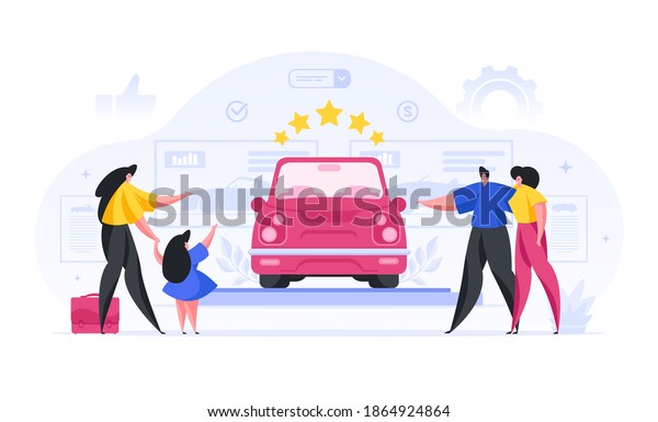 People\
choosing prestigious car in showroom cartoon concept. Man and woman\
admire beautiful red convertible on pedestal. Girl with child shows\
with her hand at characteristics of\
transport