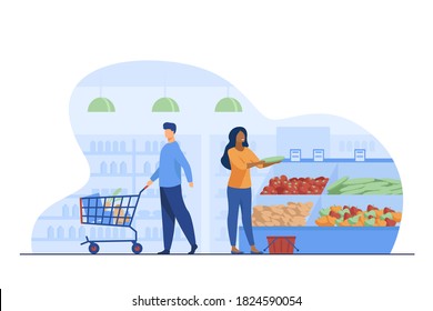 People choosing products in grocery store. Trolley, vegetables, basket flat vector illustration. Shopping and supermarket concept for banner, website design or landing web page