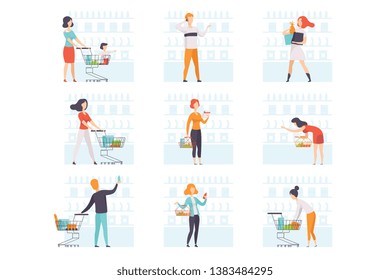 People choosing products, pushing carts at grocery store set, man and woman shopping at supermarket vector Illustration on a white background