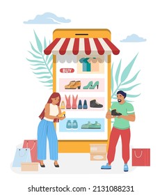 People choosing shoes in online shop, flat vector illustration. Internet store, mobile shopping, ecommerce.