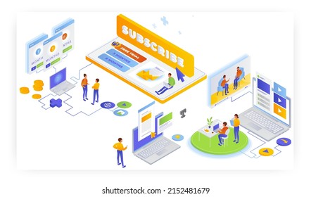 People choosing subscription plan, vector isometric illustration. Purchasing subscription concept.