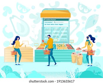 People Choosing Vegetable and Fruit in Online Supermarket. Modern Technology Concept, Mobile Phone App with Products. Man and Woman Walking in Grocery Shop with Basket. Interface Vectotr Illustration.