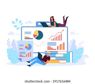 People chracter analysing business results. Business analytics concept. Accounting bookkeeping abstract concept. Vector flat graphic design illustration

