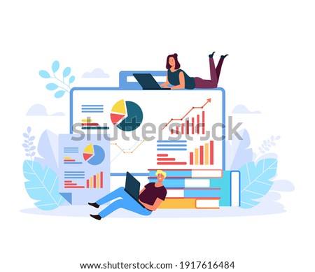 People chracter analysing business results. Business analytics concept. Accounting bookkeeping abstract concept. Vector flat graphic design illustration
