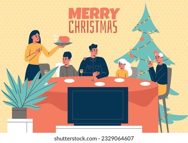 People at Christmas dinner. Xmas party. Happy family watching TV at holiday table. Parents and kids gatherings. New Year waiting. Winter celebration. December tradition