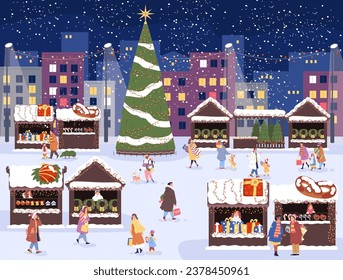 People christmas fair. Family with children shopping in xmas market sale europe town, winter holiday street shop city festival, new year eve classy vector illustration of christmas holiday market