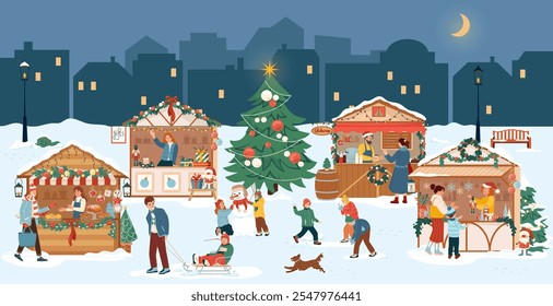 Personas en la feria de Navidades. Plaza festiva en invierno presenta árbol de Navidad mientras la gente compra en el mercado de vacaciones. Las familias, los niños disfrutan de golosinas, bebidas y diversión en las vacaciones de Navidad. Ilustración vectorial plana