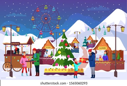 People at Christmas fair flat vector illustration. Outdoor entertainment festival, holiday celebration. Amusement park. Families cartoon characters at funfair