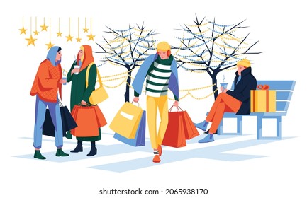 People with Christmas gifts in boxes and shopping bags for winter holidays. Men and women carry New Year presents on the street. Flat graphic vector illustrations isolated on white