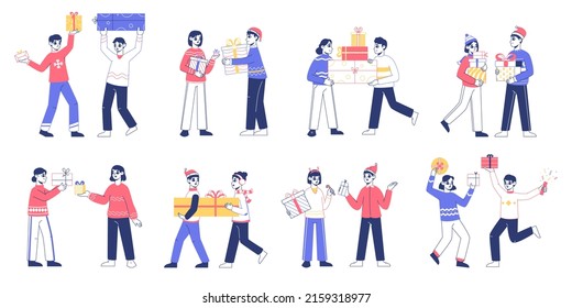 People with Christmas gifts, characters give presents and celebrating. Winter holidays gifts, family and friends give and receive presents vector illustration set. Happy people with gifts