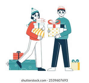 People with Christmas gifts. Man and woman carrying xmas gifts boxes, winter holidays gifts flat vector illustration. Happy couple with presents