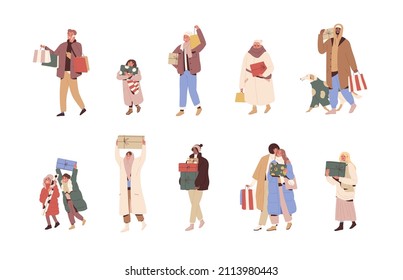 People with Christmas gifts set. Happy men and women carry present boxes and bags after winter holiday shopping. Couples, kids walking on street. Flat vector illustration isolated on white background