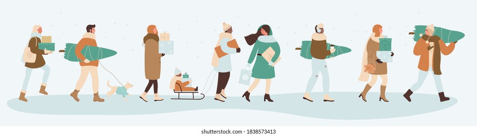 People with Christmas gifts vector illustration. Cartoon woman man characters carrying bags and boxes presents, Christmas tree for home Xmas party celebration of winter holidays isolated on white