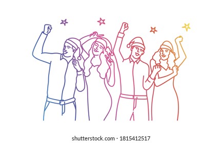 People in Christmas hats dancing. White background. Vector line.