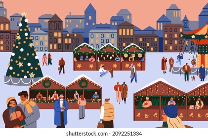 People at Christmas market in Old town. Happy couples, families, kids shopping at street fair on winter holidays. Europe city square at Xmas eve, tree, kiosks and decoration. Flat vector illustration