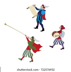 People at Christmas market in renaissance dieval dressed up historical costumes, Fairy tale, middle ages, medieval Vector illustration, clip art, cartoon historic person disguised.