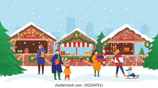 People in Christmas market vector illustration. Cartoon crowd of man woman and children characters walking next to stalls or kiosks with sweet gifts and drinks, festival Christmas market background