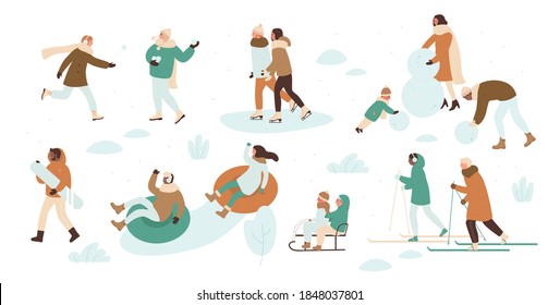 People in Christmas outdoor activity vector illustration set. Cartoon active man woman and kid characters skating on ice rink, sledding skiing, playing snowballs in winter snow park isolated on white